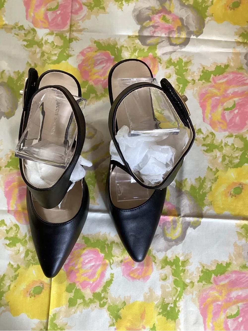 Queen Shoes Black Faux Leather Cutout Slingback Pumps Size 8.5 Pointed Toe